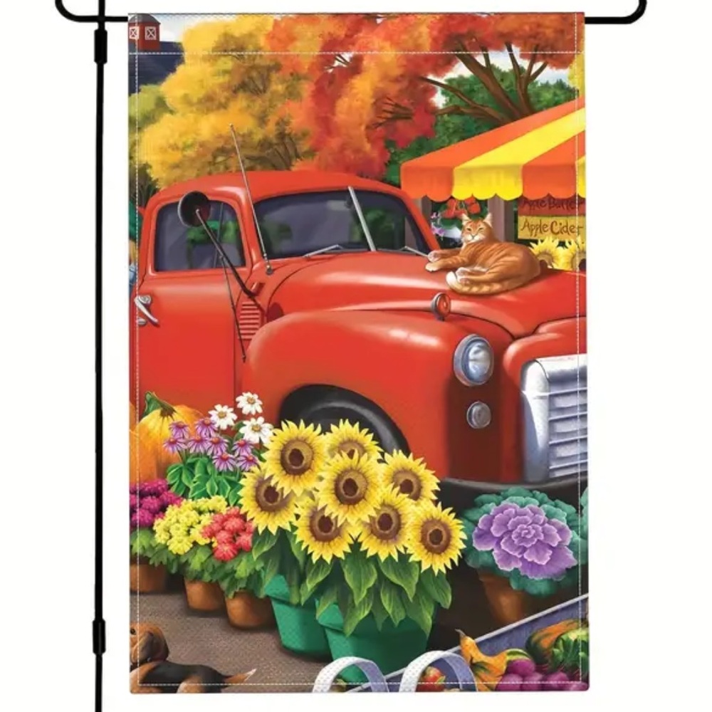 NIP Red Truck with Cat & Dog Sunflowers Burlap Double Sided Garden Flag